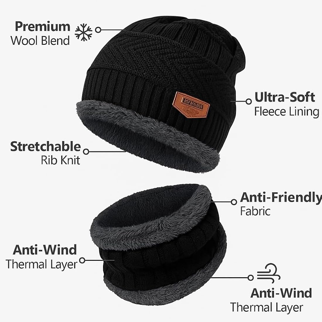Winter Cap for Man & Women, Beanie Cap & Muffler, Windproof Winter Woolen Cap with Ear Protection, Head & Neck Warmer, Woolen Topaa, Soft & Comfortable, (PCS-1).
